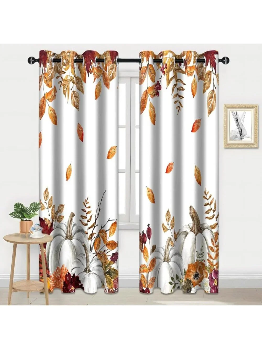 Autumn Leaves Blackout Curtains - Fall Pumpkins & Maple Leaf Drapes, 2 Panels